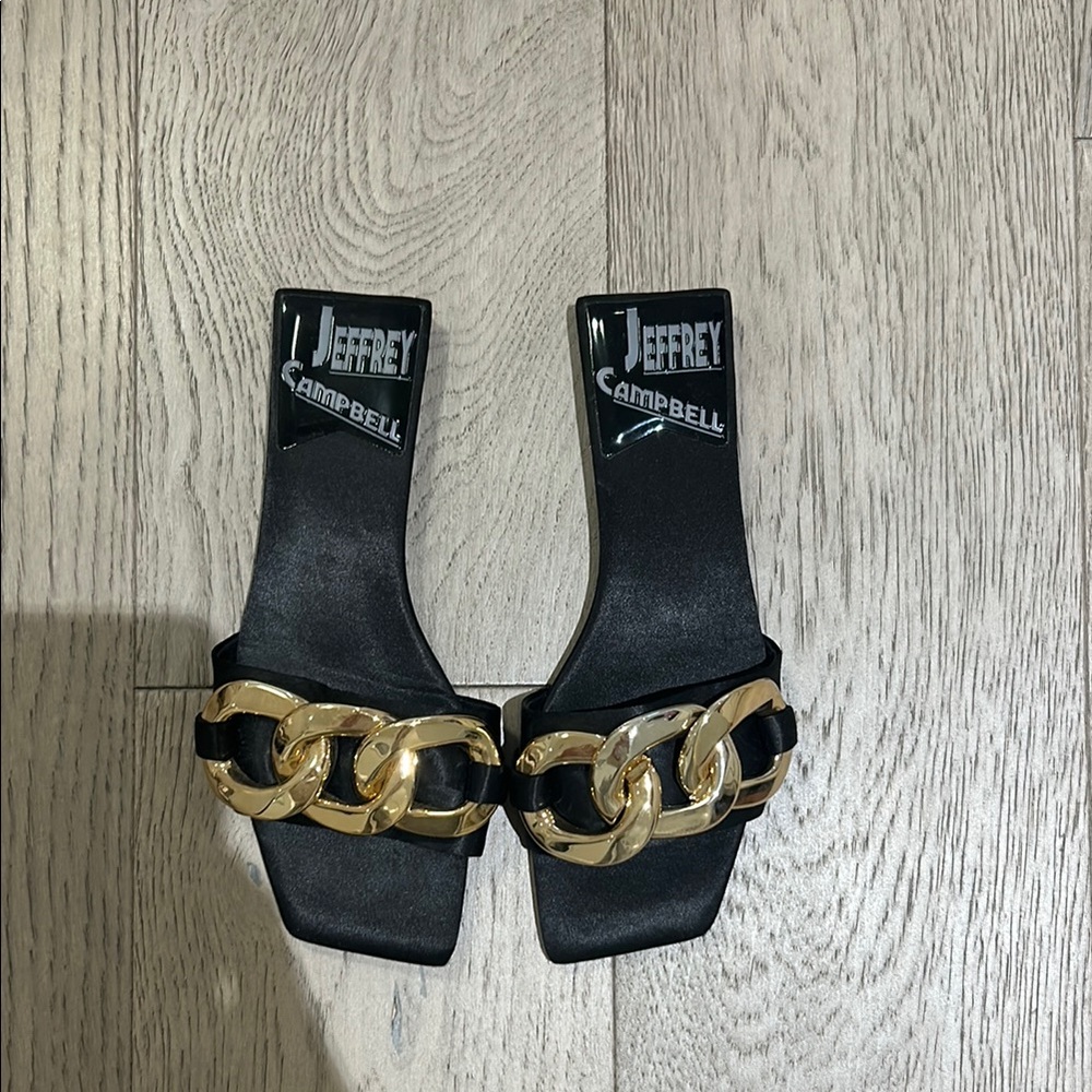 Jeffrey Campbell Black and Gold Sandals with Wide Strap